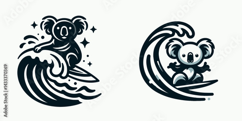 Koala wave Surfing. Funny Animal Vector Clip art. Marsupial riding ocean swell a coastal pastime aquatic activity.