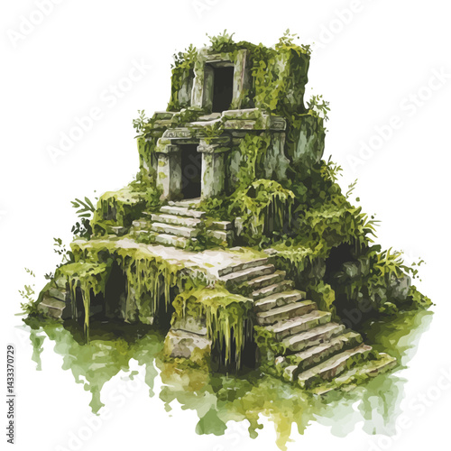 Lost Island Temple Covered In Moss, watercolor vector, isolated on a white background.