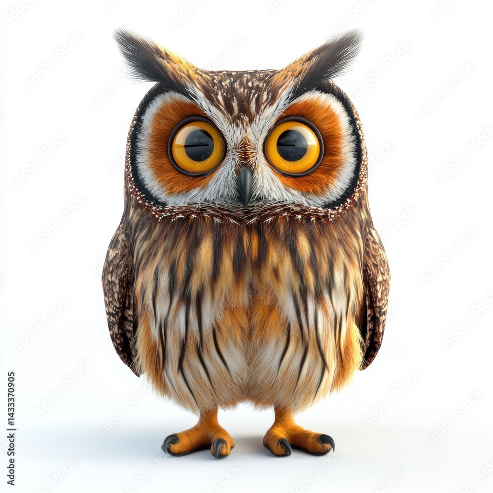 Obraz premium cute cartoon Long-eared Owl character 3D render isolated on white background