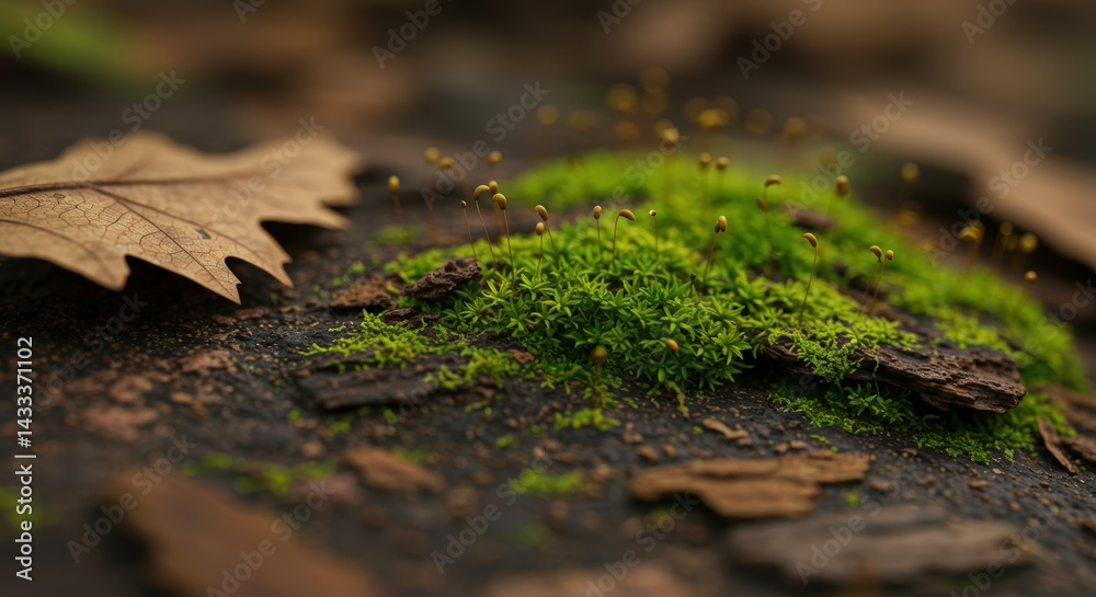 Macro close-up of bright green moss with tiny sporophytes growing on forest floor. Miniature ecosystem detail. Natural woodland texture. Environmental biodiversity. Wilderness conservation. Botanical Macro close-up of bright green moss with tiny sporophytes growing on forest floor. Miniature ecosystem detail. Natural woodland texture. Environmental biodiversity. Wilderness conservation. Botanical
