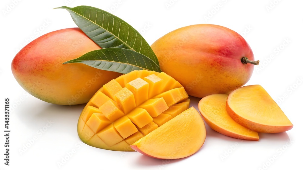 golden mangoes showcased with one sliced open to reveal juicy, vibrant flesh, surrounded by fresh green leaves on a minimalist white backdrop.