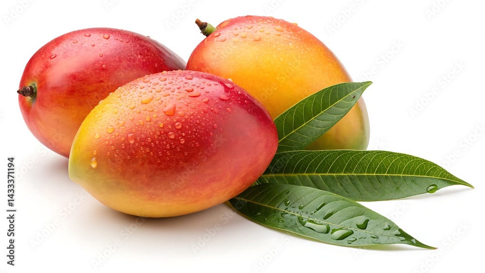 golden mangoes showcased with one sliced open to reveal juicy, vibrant flesh, surrounded by fresh green leaves on a minimalist white backdrop.