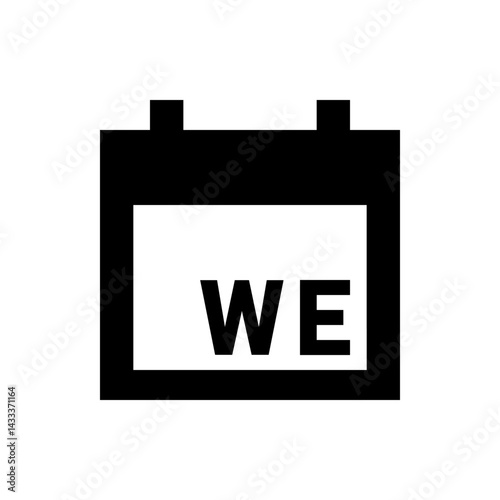 Illustration of a black and white calendar icon displaying the letters we in bold font inside the frame