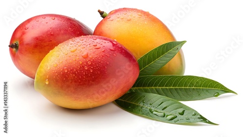 Obraz na płótnie golden mangoes showcased with one sliced open to reveal juicy, vibrant flesh, surrounded by fresh green leaves on a minimalist white backdrop. w salonie