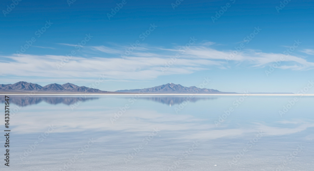 Calm salt lake with perfect reflection of distant mountains under clear blue sky. Pristine wilderness landscape. Natural mirror effect. Environmental conservation area. Peaceful meditation spot Calm salt lake with perfect reflection of distant mountains under clear blue sky. Pristine wilderness landscape. Natural mirror effect. Environmental conservation area. Peaceful meditation spot