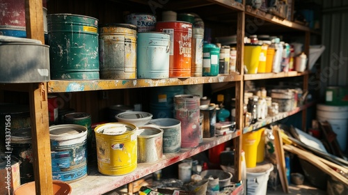 Wallpaper Mural A collection of paint cans and supplies on wooden shelves Torontodigital.ca