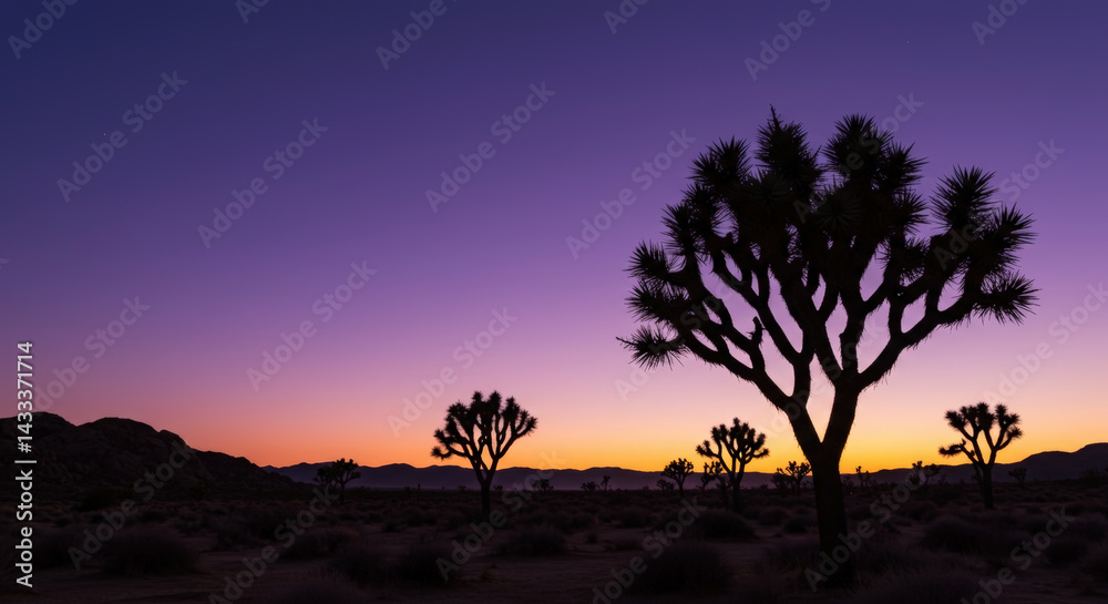 trees silhouetted against vibrant purple and orange sunset sky in desert landscape. Natural wilderness. Drought-resistant vegetation. Environmental conservation area. Southwestern iconic flora trees silhouetted against vibrant purple and orange sunset sky in desert landscape. Natural wilderness. Drought-resistant vegetation. Environmental conservation area. Southwestern iconic flora