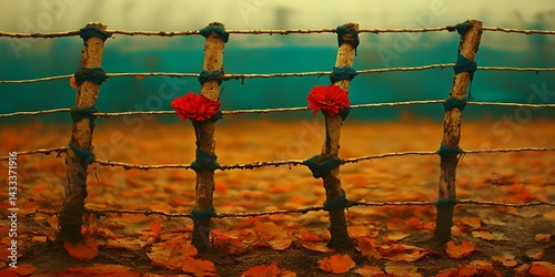 Rustic Wooden Fence with Red Flowers Autumn Leaves Background