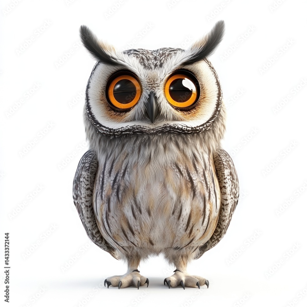 Obraz premium cute cartoon Long-eared Owl character 3D render isolated on white background 