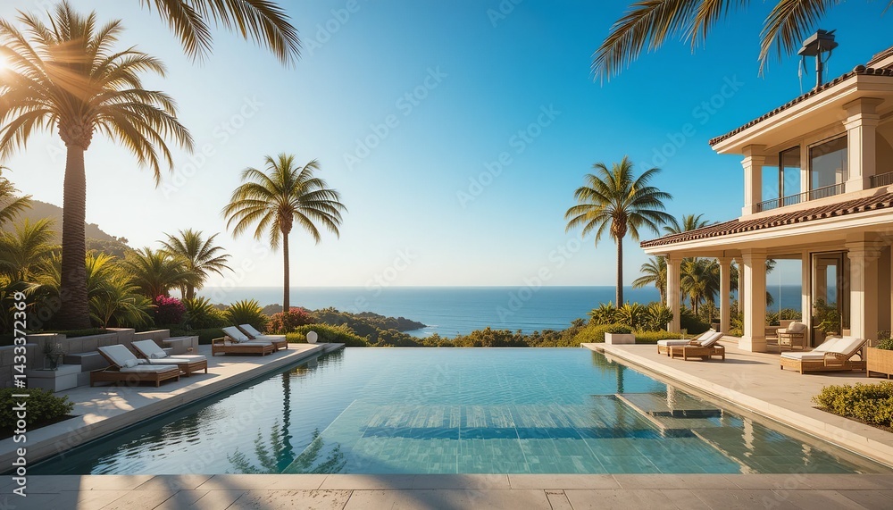 Luxury villa with infinity pool overlooking the ocean, palm trees, and blue sky on a sunny day. The perfect summer getaway. Luxury villa with infinity pool overlooking the ocean, palm trees, and blue sky on a sunny day. The perfect summer getaway.