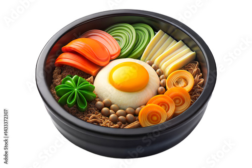 3d render platter of Bibimbap isolated on transparent background Cartoon Illustration in plastic style.