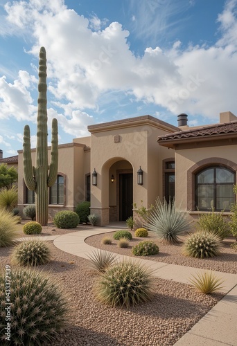 A desert home showcases Southwestern architecture with cacti and native plants, creating a serene and inviting desert landscape.