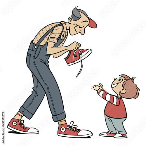Grandparent tying child's shoe