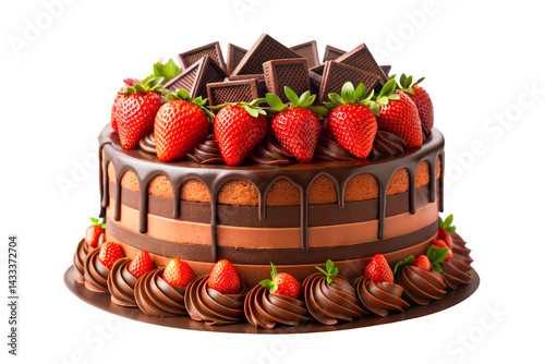 Delicious chocolate cake with fresh red strawberries, a sweet and healthy fruit dessert, isolated on a white background