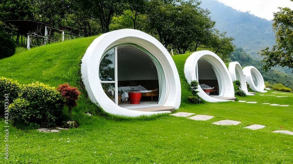 Fototapeta premium Hillside eco-lodges, green grass, mountain view, relaxing getaway