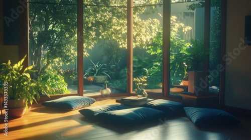 A serene living room with a view of lush green garden space