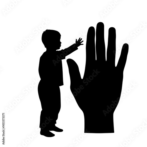 Child reaching out to protective hand silhouette, safety symbolism photo