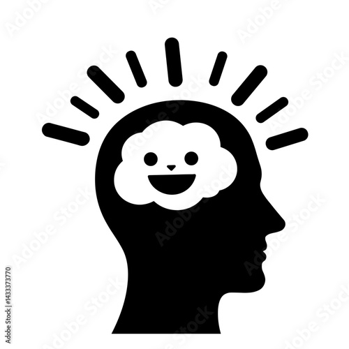 Joyful brain icon with sunshine rays, positivity and creativity