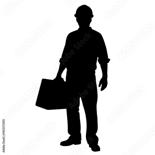Migrant worker holding toolbox in silhouette, strength and resilience