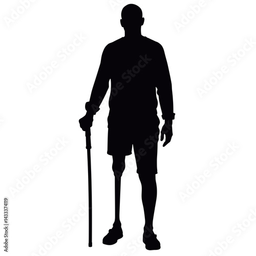 Silhouette of person with prosthetic leg using walking stick, resilience