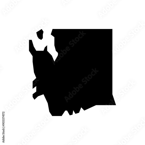 A solid black silhouette of the state of washington against a white background in a simple flat style photo