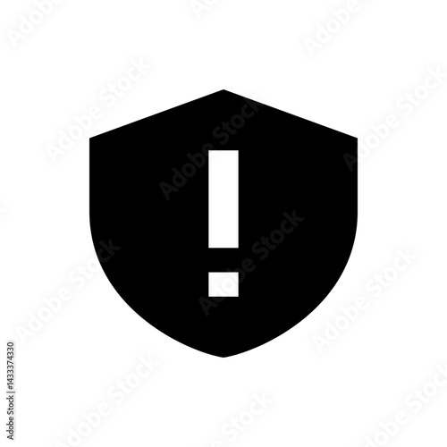 Black shield shape containing a white exclamation point indicating a warning or attention required sign icon
