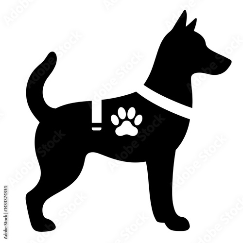 Service animal silhouette with vest and paw icon, symbol of assistance
