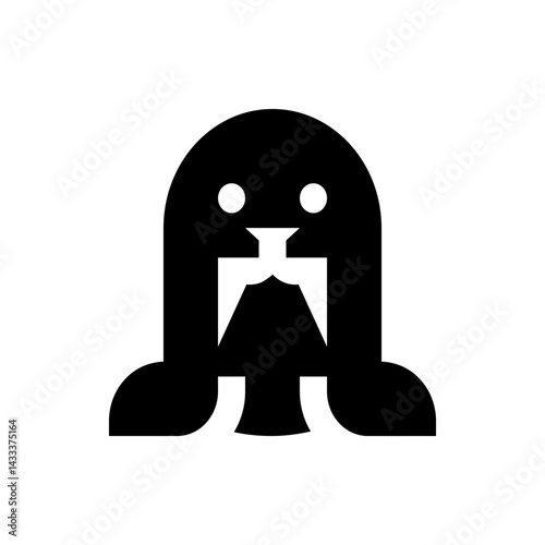 Illustration of a stylized walrus head with tusks and round eyes in a solid black silhouette design