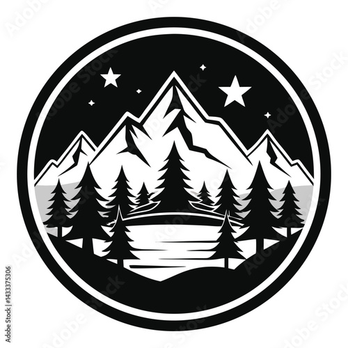 Black & White Mountain Landscape With Pine Trees & Stars in a Circular Outline