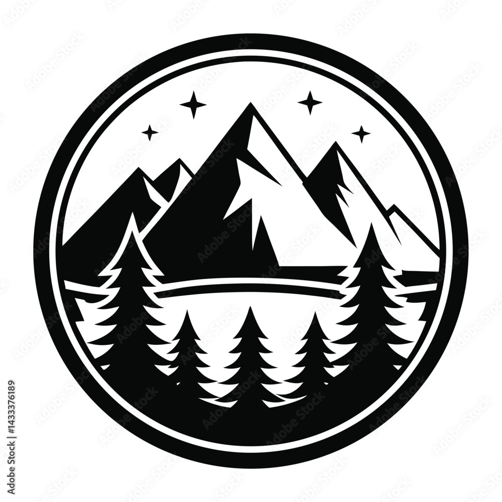 Obraz premium Black and White Mountain with Conifer Trees and Stars in a Circle Border