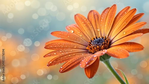 Macro photograph of orange daisy, water droplets, bokeh background, soft focus, dreamy atmosphere, vibrant colors, nature photography, delicate petals, dew drops, golden hour lighting, artistic floral