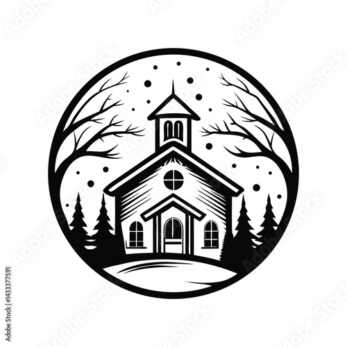 Black & White Rural Building Surrounded by Winter Trees, Circle Outline, Minimalist Style