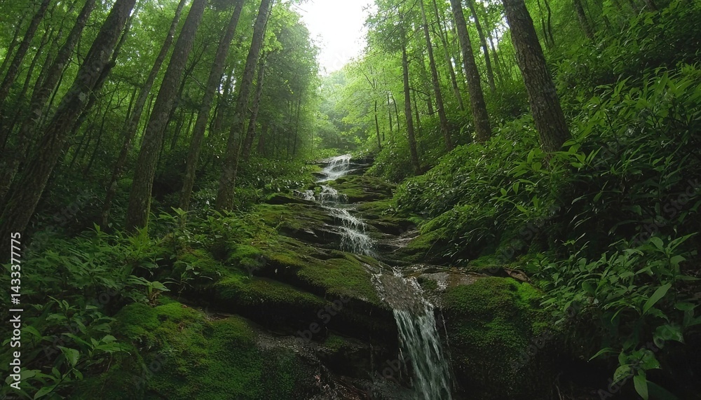 Lush mountain stream cascading down rocks