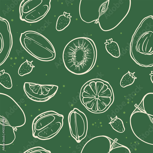 Vector seamless pattern. Ripe fruits drawn with light lines on a deep green background. Restrained summer variant