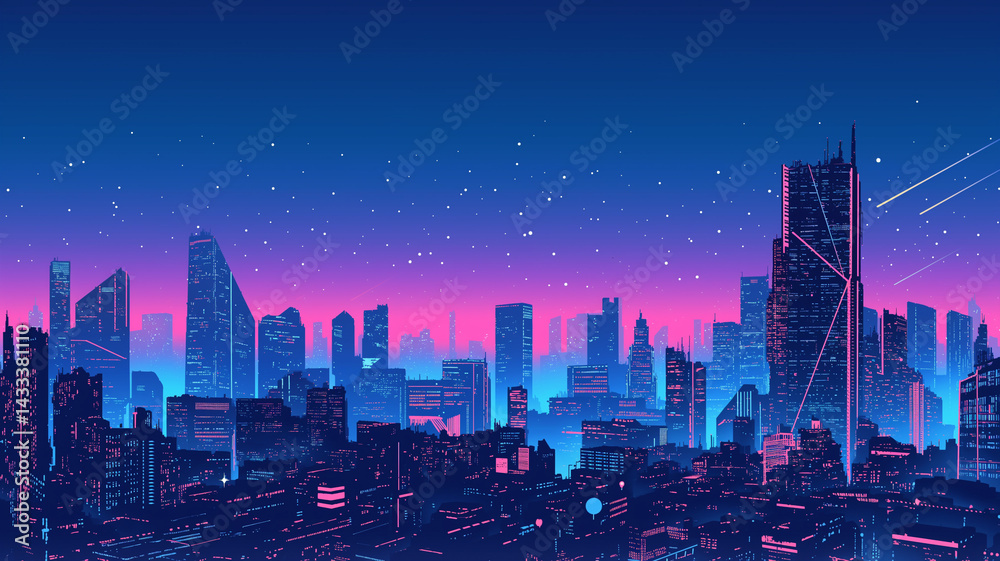 Obraz premium 近未来のネオンが輝くサイバーパンク都市の夜景イラスト｜高層ビルと幻想的な光に包まれた近未来都市風景｜SF背景・近未来ビル群・紫と青の光彩表現