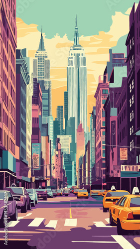 Retro New York City Street Scene Urban Travel Poster in Minimalist Vintage Style
