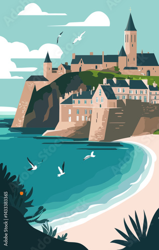 Saint-Malo Bretagne Minimalist Retro Tourism Poster, French Coastal Landscape Art