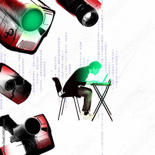 Young man leaning towards laptop surrounded by camera lenses and code flow. Technocratic control and digital pressure. Concept of digital surveillance, data crisis, technostress. Photocopy effect