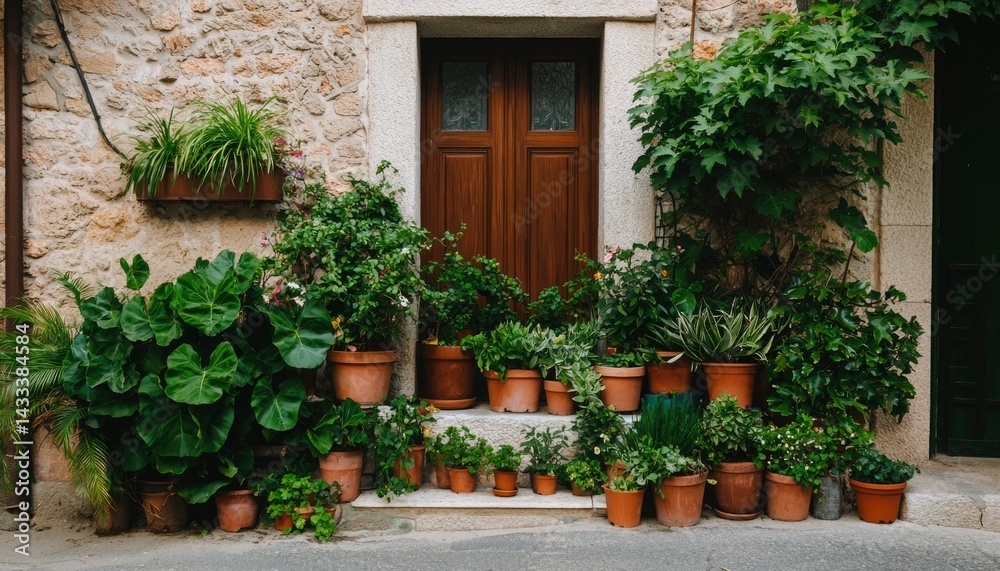 Naklejka premium Stone house with lush plants