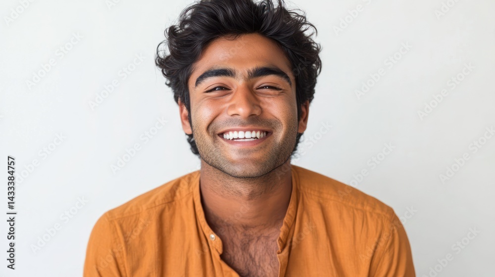 Obraz premium Indian man, smiling broadly, radiates joy and optimism, showing genuine happiness, exudes positive vibes.