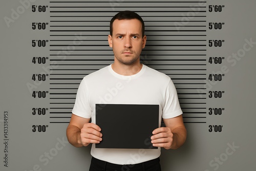Criminal suspect mugshot photo background, man holding blank board standing in front of police lineup height chart, law enforcement arrest scene, criminal record ID, prisoner booking concept

