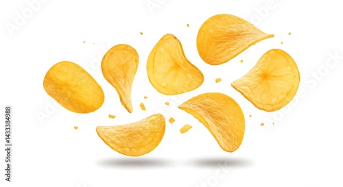 crunchy potato chips mid air glistening in golden hues, offering a savory treat that’s impossible to resist.