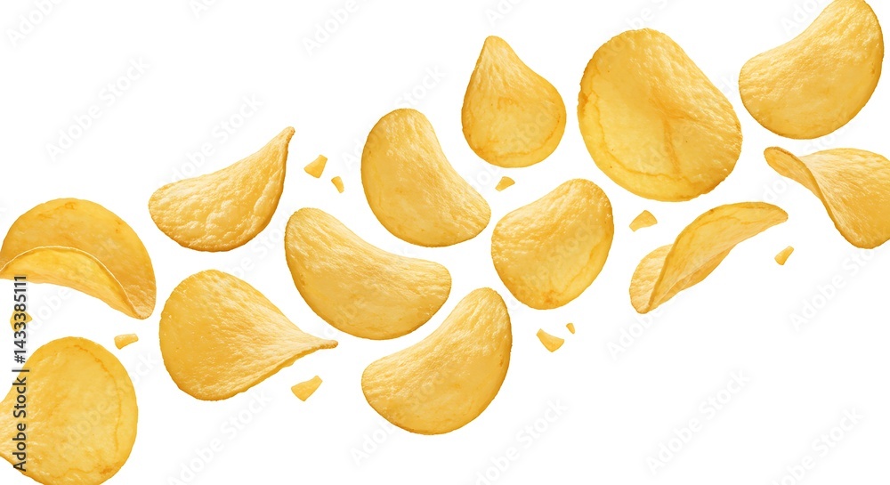 crunchy potato chips mid air glistening in golden hues, offering a savory treat that’s impossible to resist.