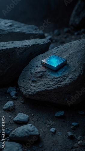 Minimalist glowing AI chip embedded in rock.