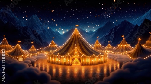 Enchanting Circus Tents Illuminated in a Mountain Valley at Night