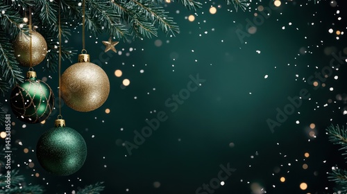 Festive Green And Gold Christmas Ornaments Hanging From Tree Branch