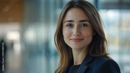 Businesswoman smiles warmly in corporate setting, radiating positivity, professionalism, and confidence in portrait.