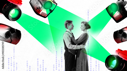 Retro-styled couple embraces under surveillance beams from cameras, control of intimacy in technocratic world. Concept of digital surveillance, data crisis, technostress, pressure. Photocopy effect