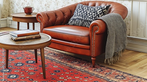 Cozy leather armchair in a room with a rug and small table. Ideal for interior design or home decor