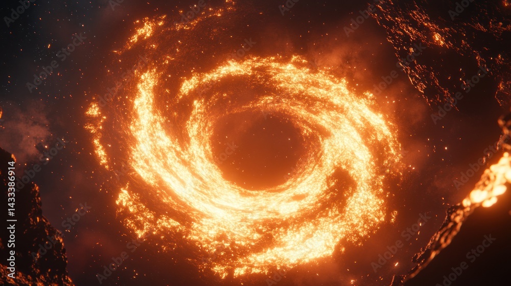 A fiery spiral galaxy glows brightly amidst a dark cosmic backdrop A fiery spiral galaxy glows brightly amidst a dark cosmic backdrop